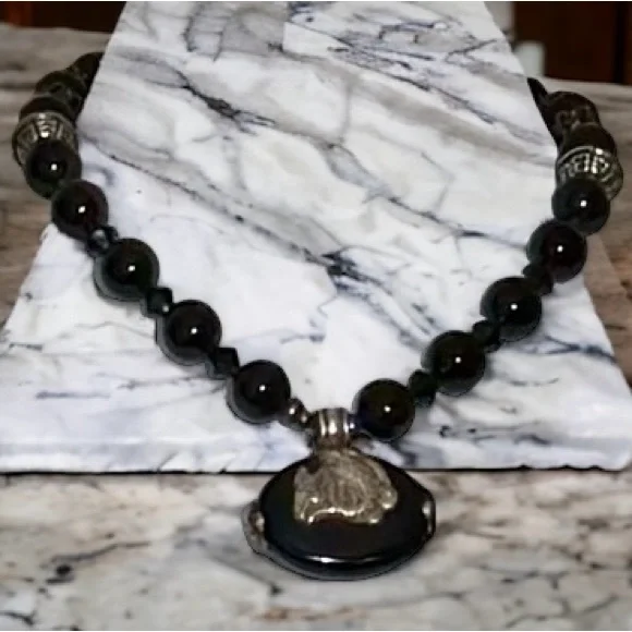 Women’s Necklace -Black Onyx/Sterling Silver Pendant & Beads -Substantial Choker - Picture 1 of 10